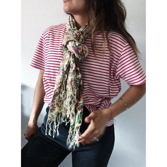 Rectangle Floral Paisley scarf long fringe beige pink cream headwrap shawl - Picture 8 of 8